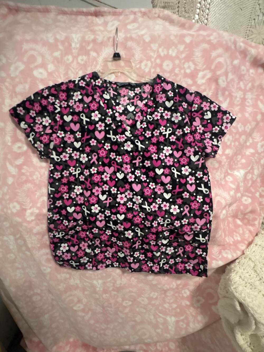 Wear For Care Women's Breast Cancer Awareness Floral Heart Print Scrub Top